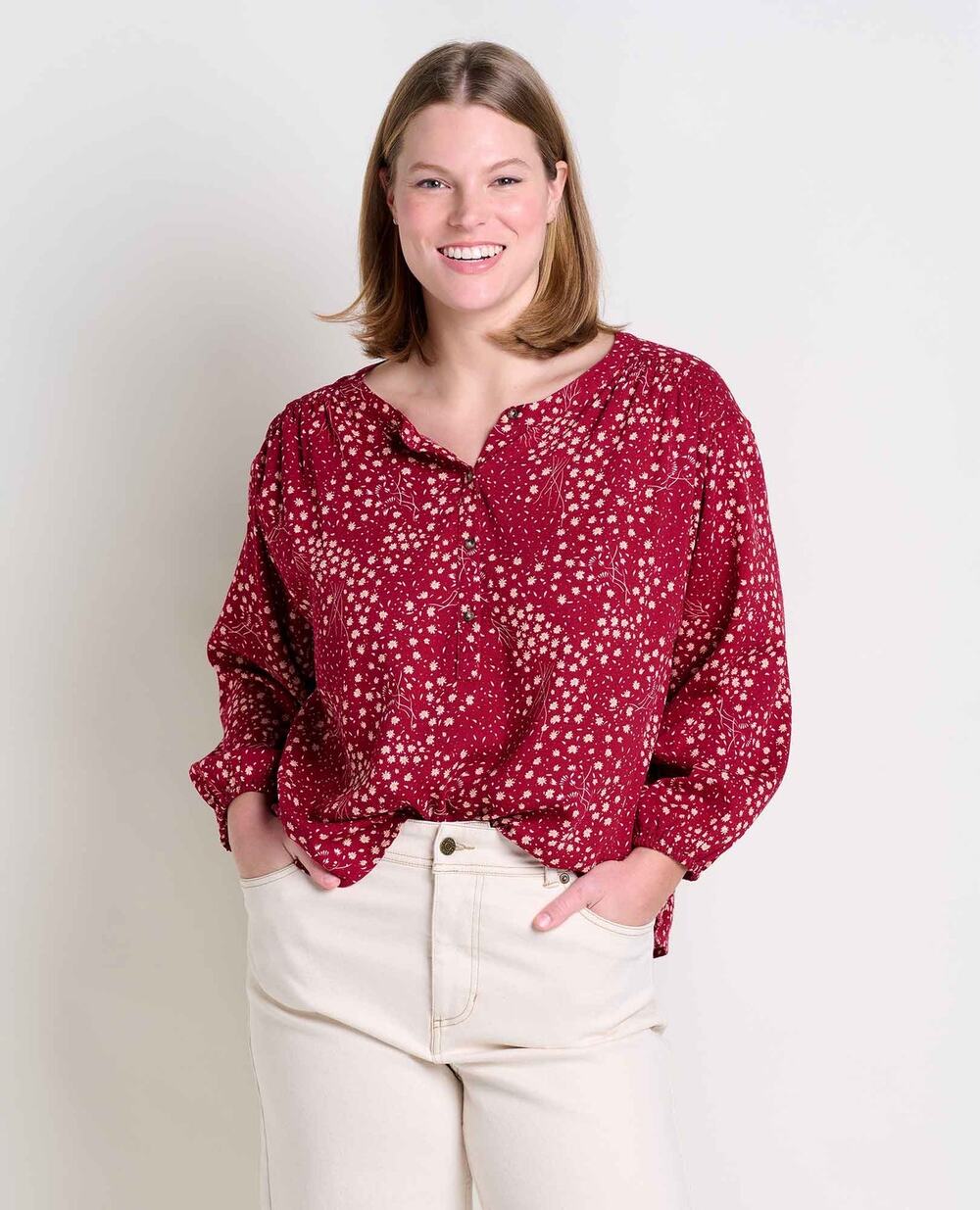 Toad & Co Manzana Long Sleeve Peasant Top in "Berry Floral Print" Size Medium